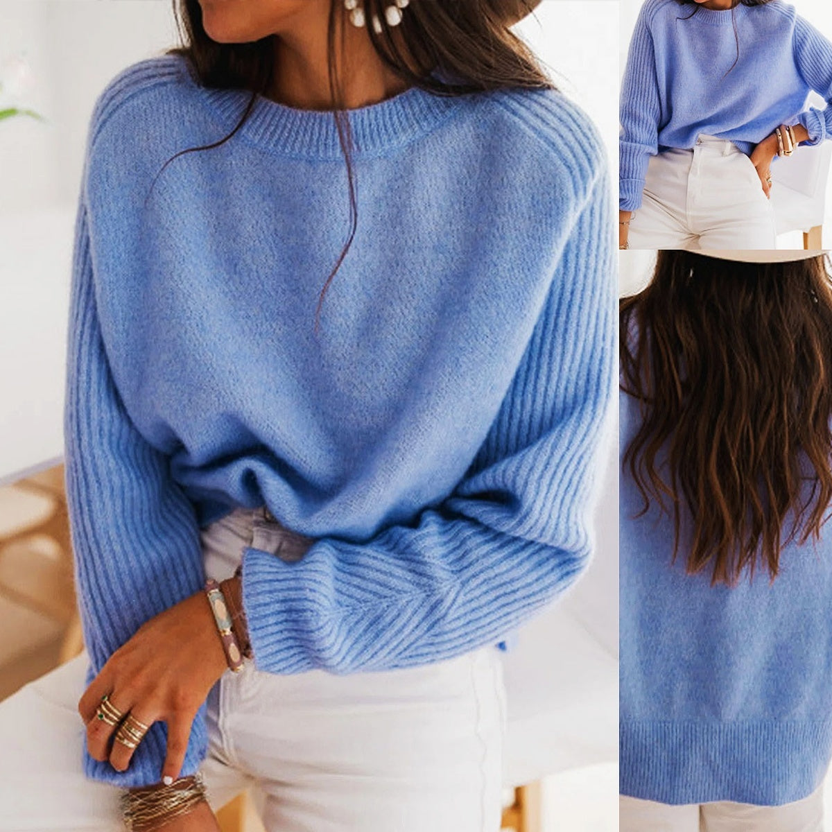 European Milk Blue Bedford Cord Sweater Women's Round-collar