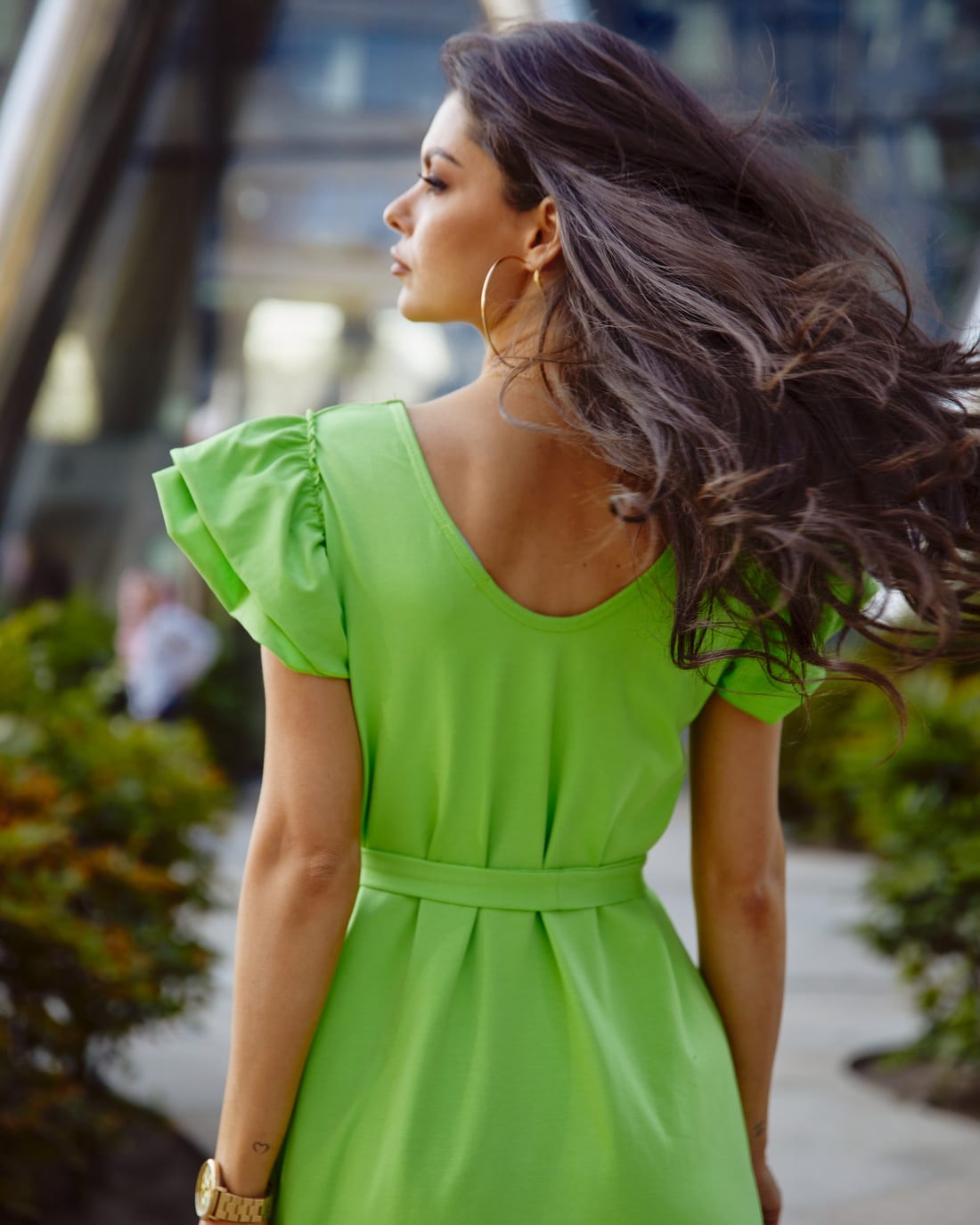 Loose cotton maxi dress with ruffles, neon green