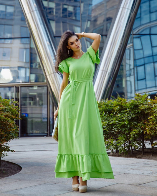 Loose cotton maxi dress with ruffles, neon green