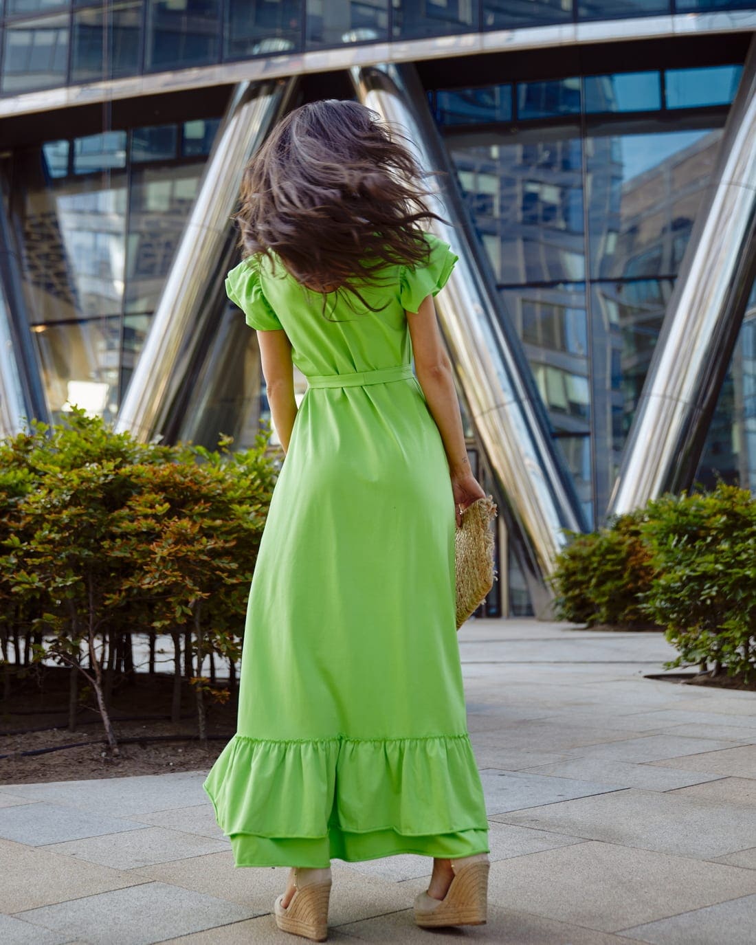 Loose cotton maxi dress with ruffles, neon green