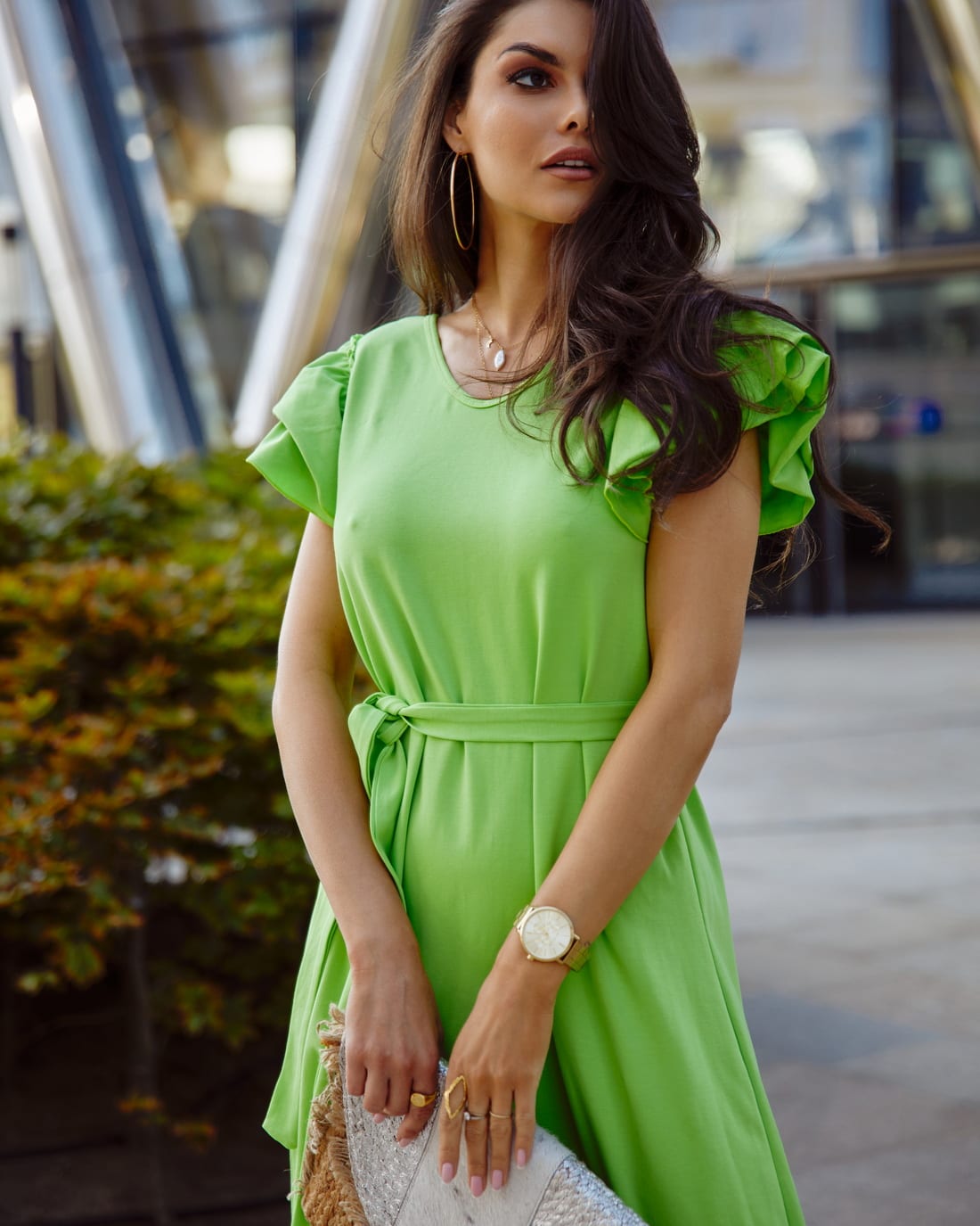 Loose cotton maxi dress with ruffles, neon green