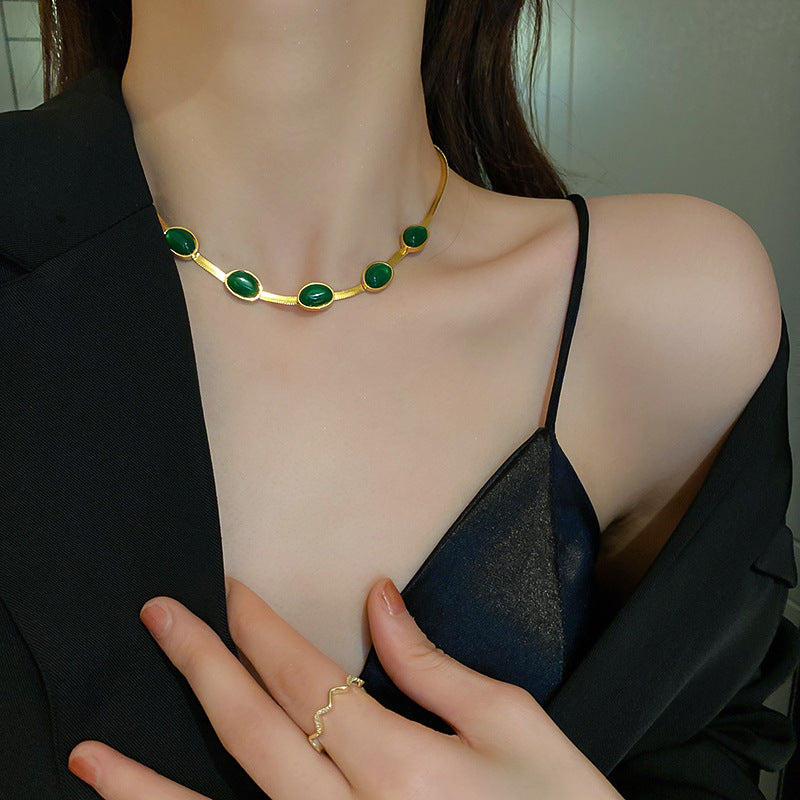 Fashion Jewelry Green Stone Crytal Snake Chain Multilayer Necklace For