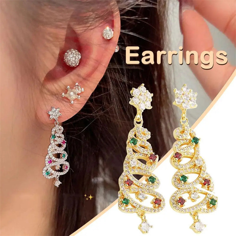 New Full Inlaid Colorful Zircon Christmas Tree Tassel Earrings Women's