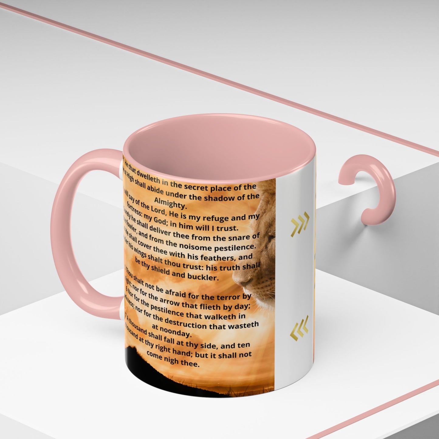 PSALM 91 Inspirational Lion Accent Coffee Mug | Motivational Gift, Scripture Mug, Unique Home Decor, Faith-Based Coffee Cup, Lion Design