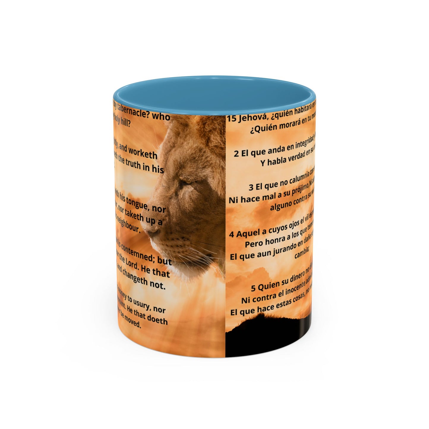 PSALM 15 ENG / SPA Inspirational Lion Accent Coffee Mug | Faith Mug, Motivational Gift, Nature Lover's Cup, Home Decor, Office Drinkware