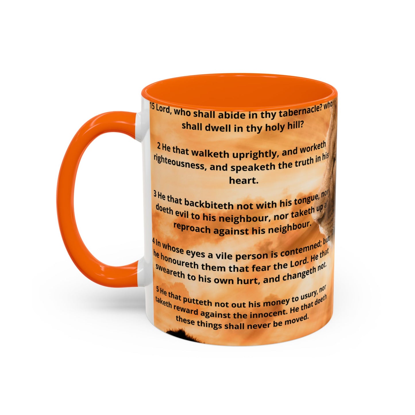 PSALM 15 ENG / SPA Inspirational Lion Accent Coffee Mug | Faith Mug, Motivational Gift, Nature Lover's Cup, Home Decor, Office Drinkware