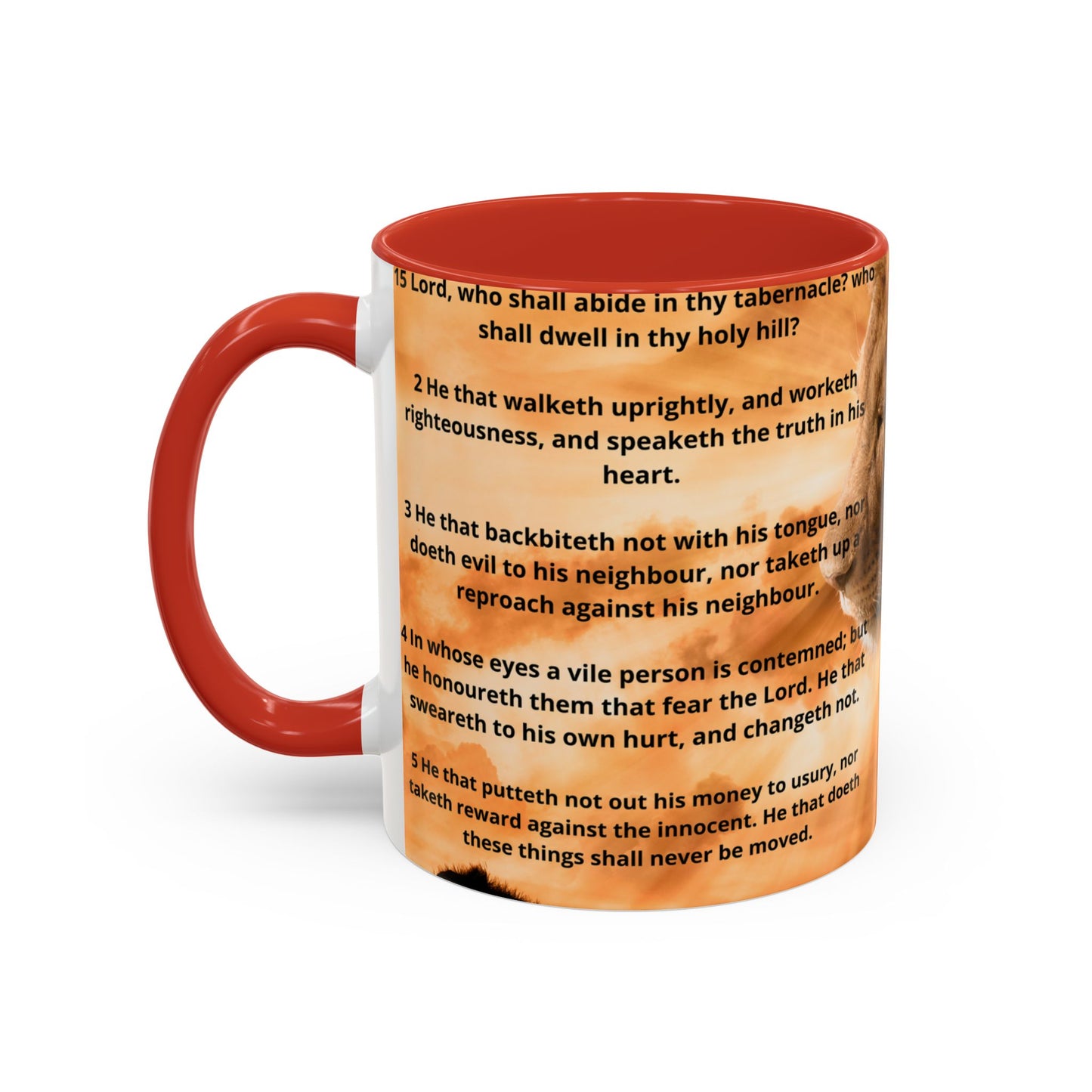 PSALM 15 ENG / SPA Inspirational Lion Accent Coffee Mug | Faith Mug, Motivational Gift, Nature Lover's Cup, Home Decor, Office Drinkware