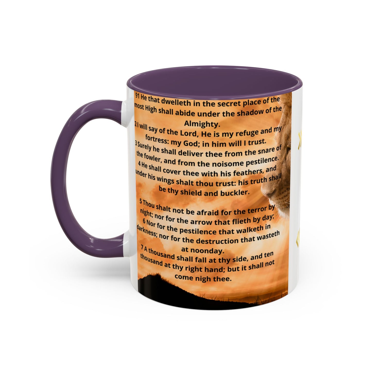 PSALM 91 Inspirational Lion Accent Coffee Mug | Motivational Gift, Scripture Mug, Unique Home Decor, Faith-Based Coffee Cup, Lion Design