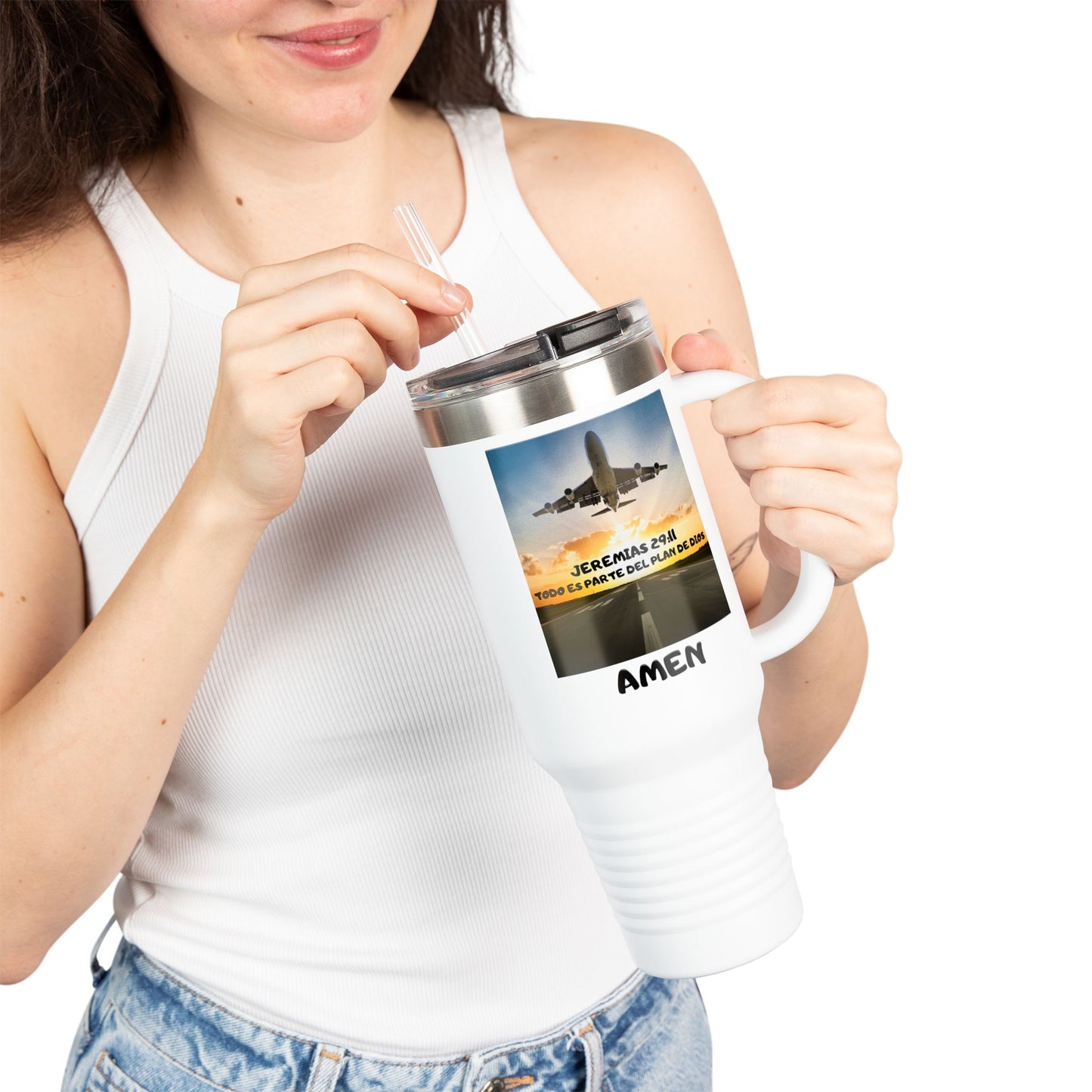 40oz Insulated Travel Mug — Airplane Sunset Design with "Amen" & Jeremiah 29:11 Verse