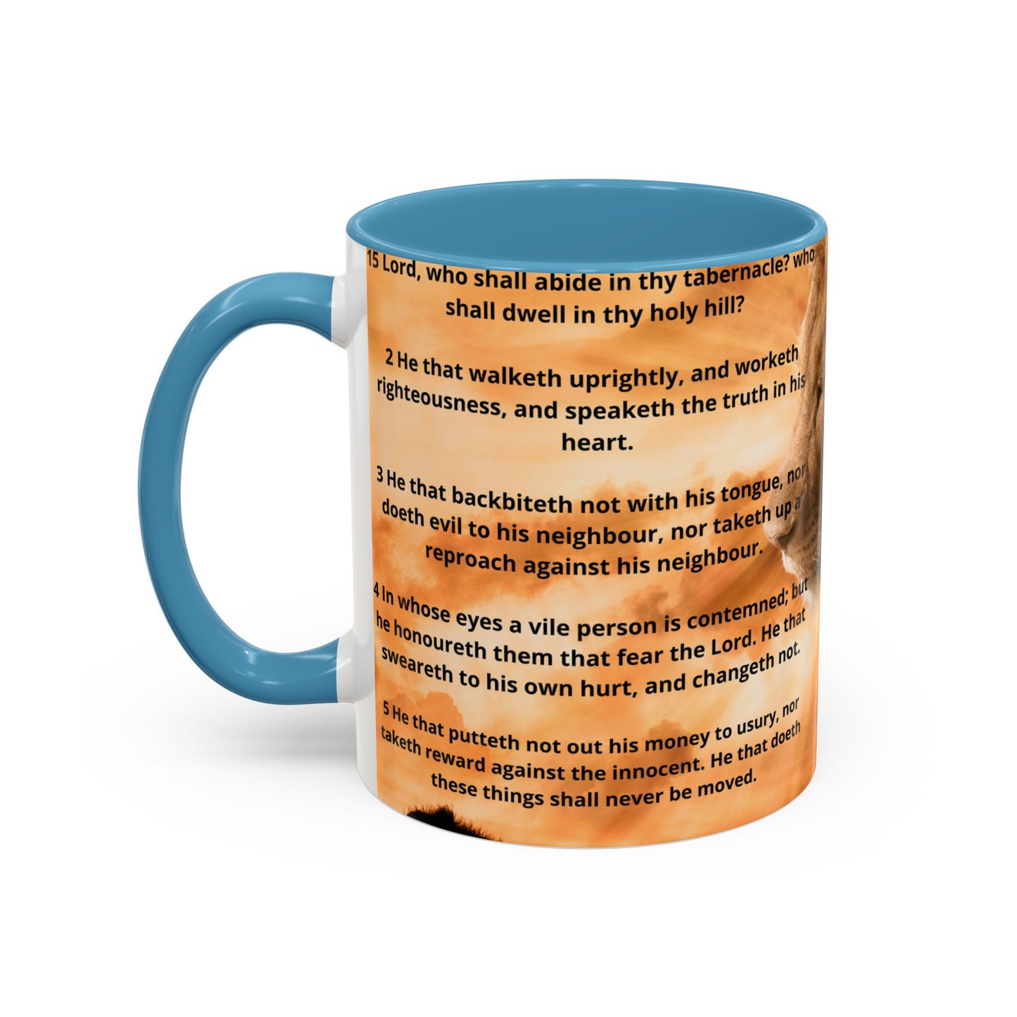 PSALM 15 ENG / SPA Inspirational Lion Accent Coffee Mug | Faith Mug, Motivational Gift, Nature Lover's Cup, Home Decor, Office Drinkware