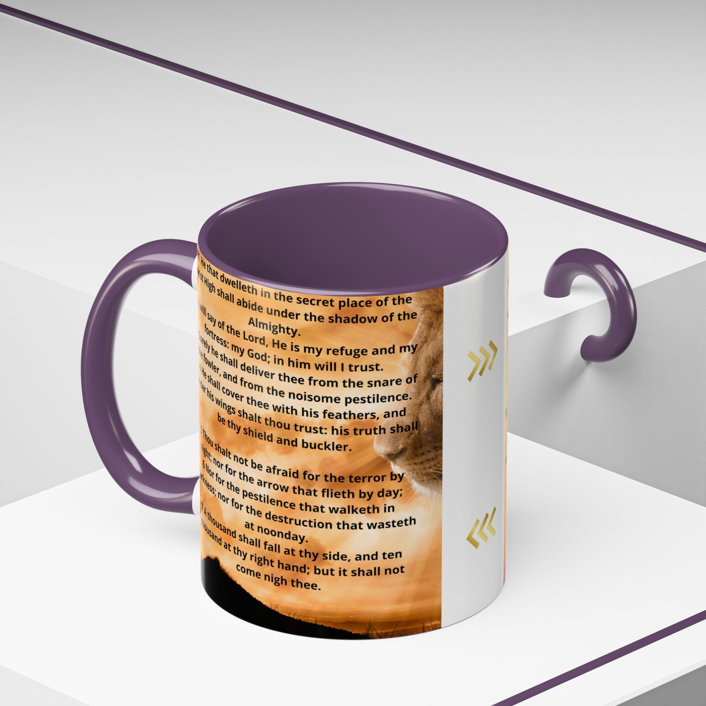 PSALM 91 Inspirational Lion Accent Coffee Mug | Motivational Gift, Scripture Mug, Unique Home Decor, Faith-Based Coffee Cup, Lion Design