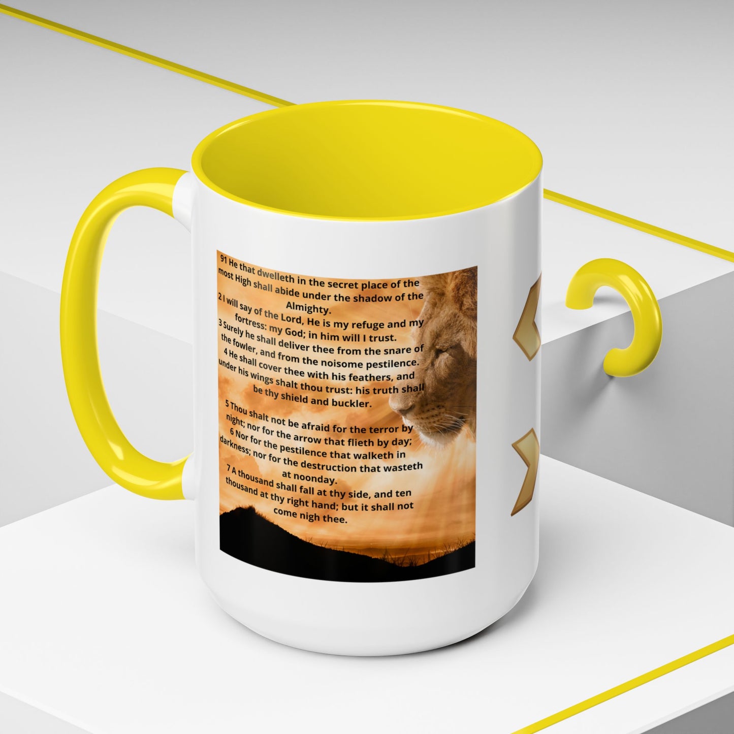 PSALM 91 Inspirational Lion Accent Coffee Mug | Motivational Gift, Scripture Mug, Unique Home Decor, Faith-Based Coffee Cup, Lion Design