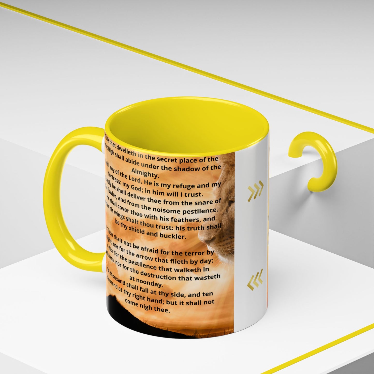 PSALM 91 Inspirational Lion Accent Coffee Mug | Motivational Gift, Scripture Mug, Unique Home Decor, Faith-Based Coffee Cup, Lion Design