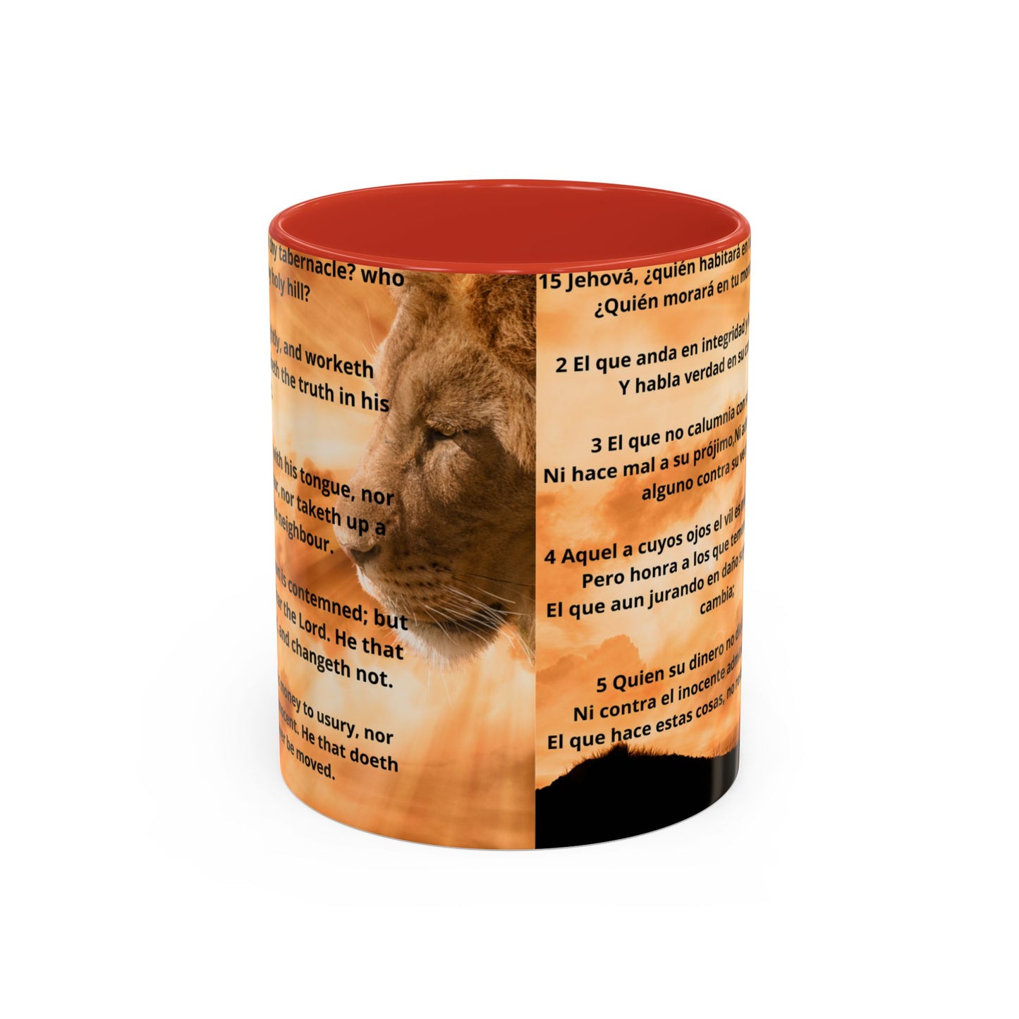 PSALM 15 ENG / SPA Inspirational Lion Accent Coffee Mug | Faith Mug, Motivational Gift, Nature Lover's Cup, Home Decor, Office Drinkware