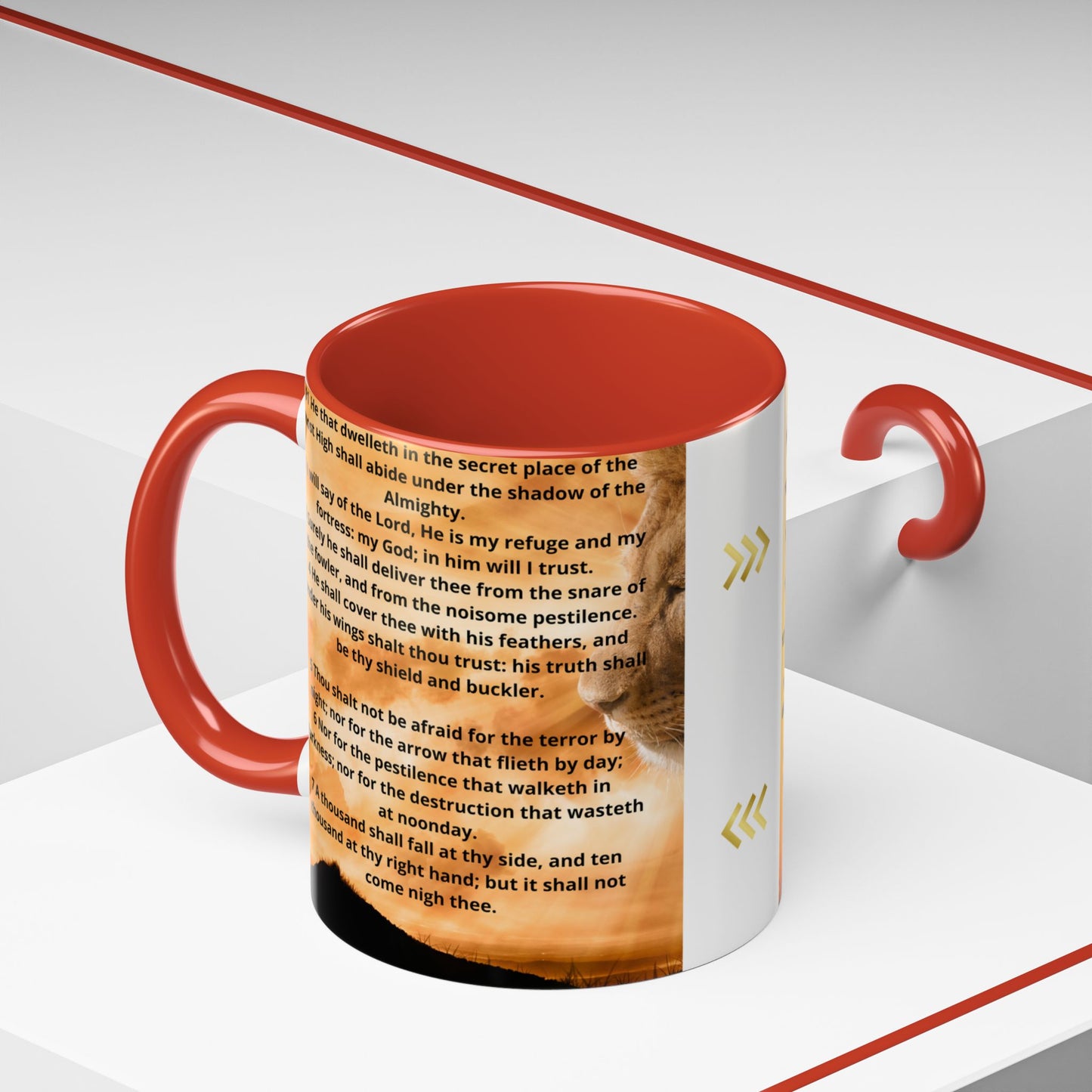 PSALM 91 Inspirational Lion Accent Coffee Mug | Motivational Gift, Scripture Mug, Unique Home Decor, Faith-Based Coffee Cup, Lion Design
