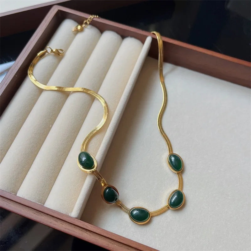 Fashion Jewelry Green Stone Crytal Snake Chain Multilayer Necklace For
