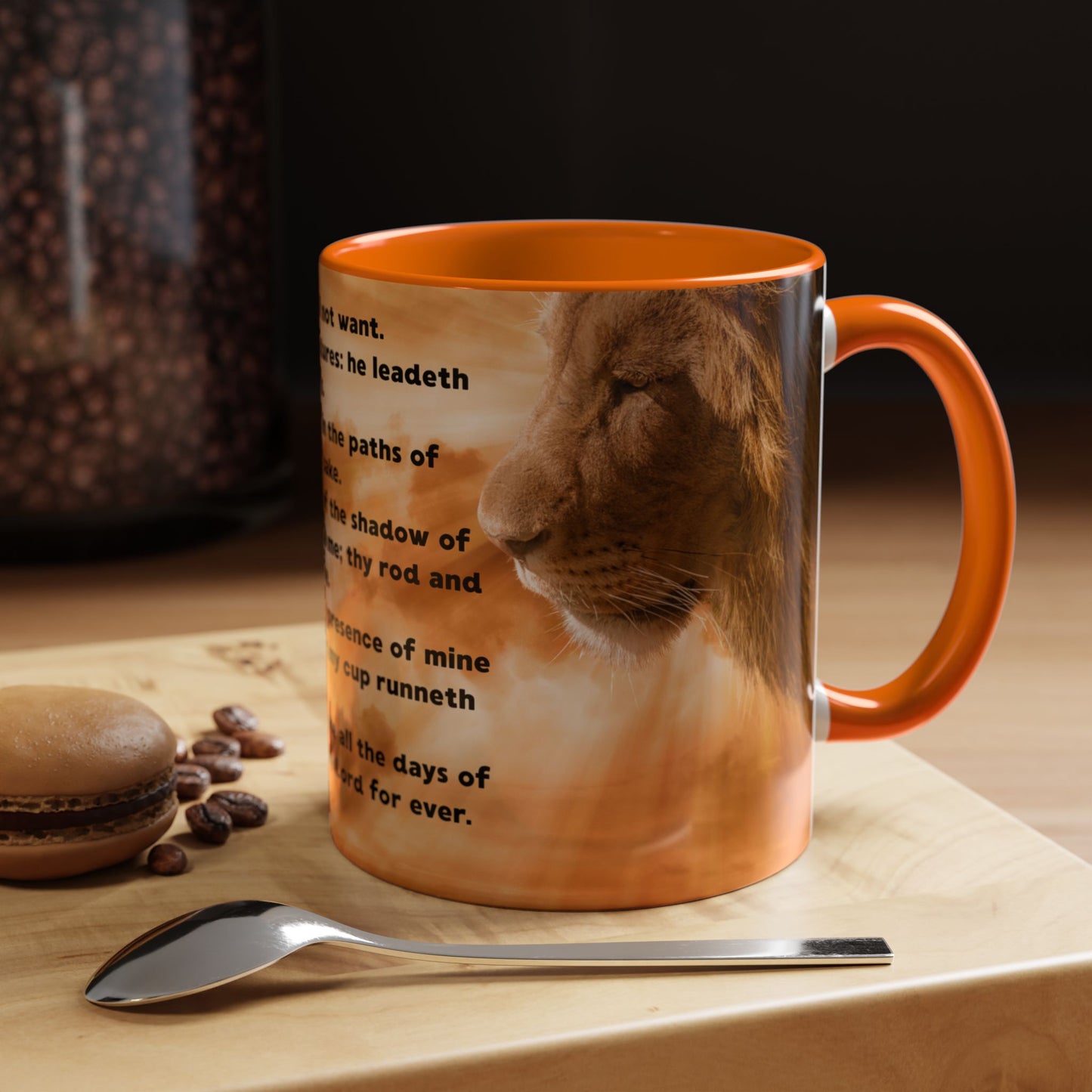 PSALM 23 Inspirational Coffee Mug with Lion Design, Spiritual Gift for Her, Housewarming Present, Faith-Based Kitchen Decor