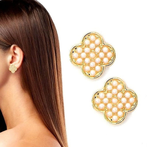 Rhinestone Faux Perals Clover Stud Earrings