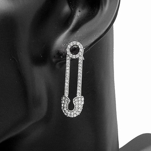 Safety Pin Rhinestone Dangle Long Earrings