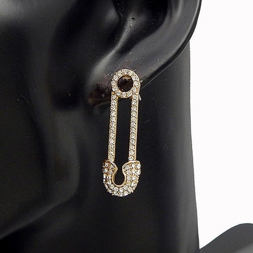 Safety Pin Rhinestone Dangle Long Earrings