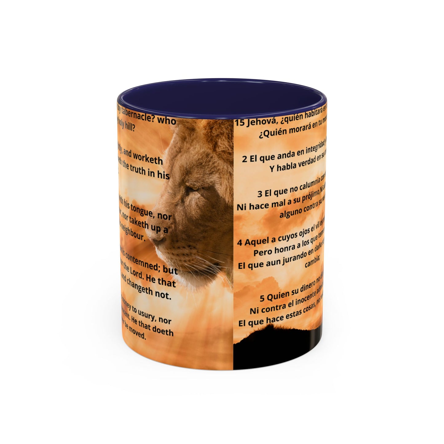 PSALM 15 ENG / SPA Inspirational Lion Accent Coffee Mug | Faith Mug, Motivational Gift, Nature Lover's Cup, Home Decor, Office Drinkware