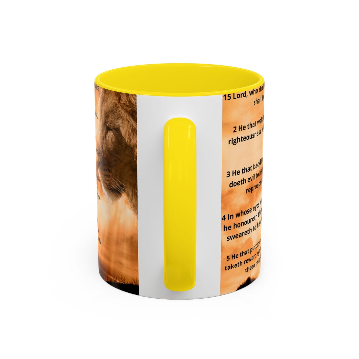 PSALM 15 ENG / SPA Inspirational Lion Accent Coffee Mug | Faith Mug, Motivational Gift, Nature Lover's Cup, Home Decor, Office Drinkware