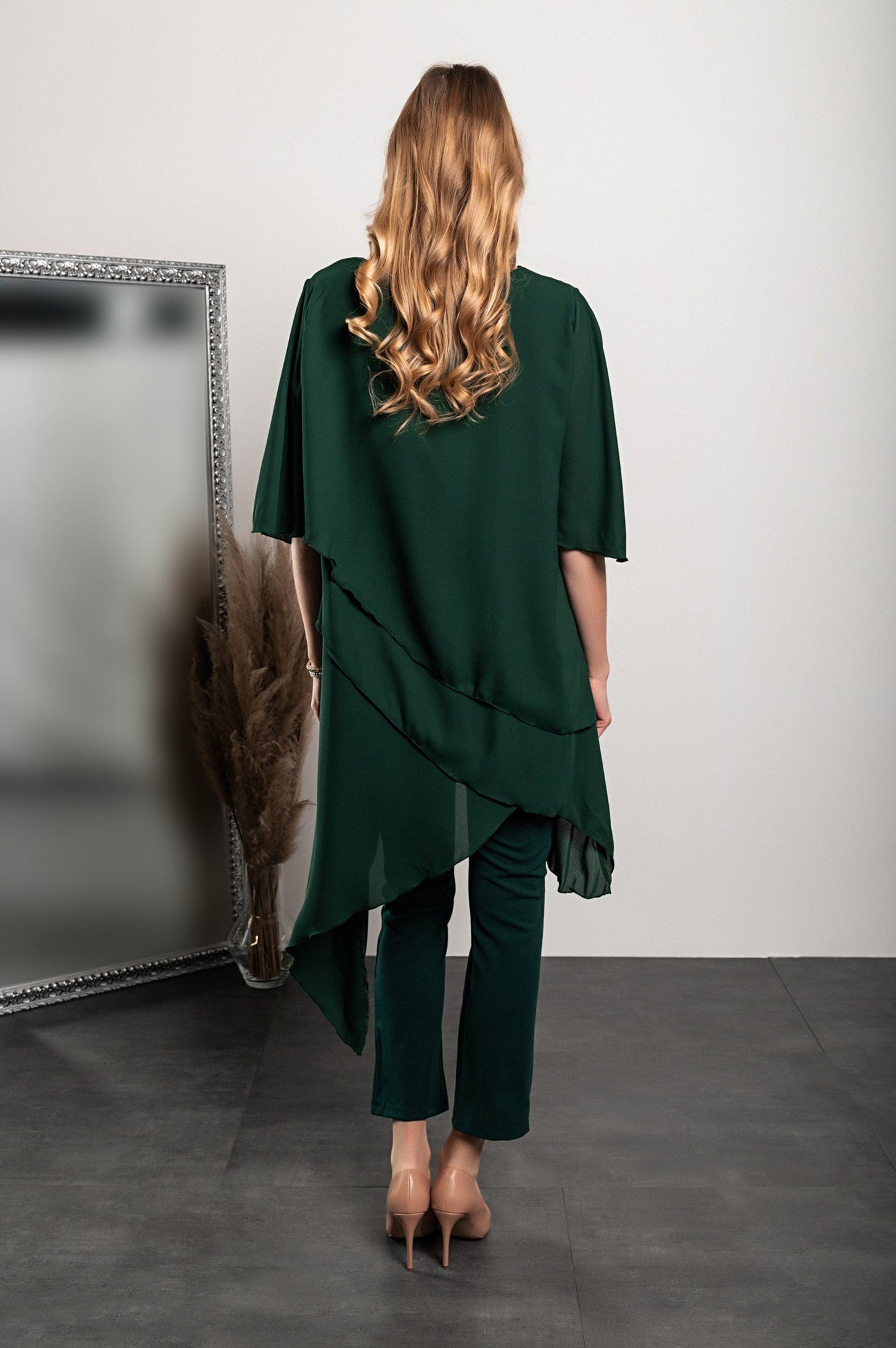 Set of elegant translucent tunic and long pants Claudette, green
