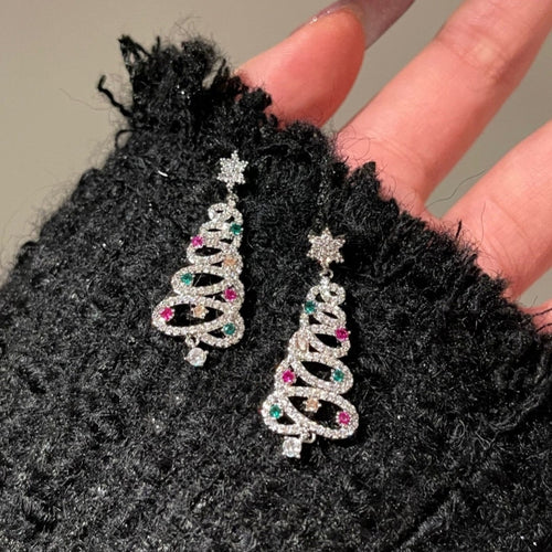 New Full Inlaid Colorful Zircon Christmas Tree Tassel Earrings Women's