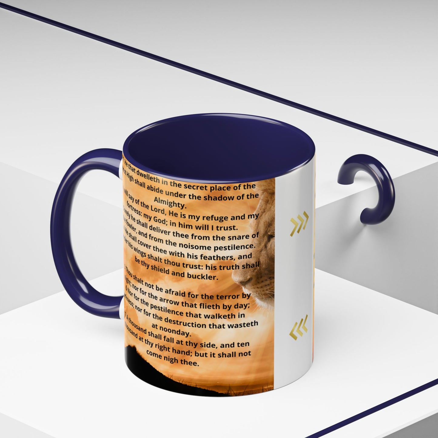 PSALM 91 Inspirational Lion Accent Coffee Mug | Motivational Gift, Scripture Mug, Unique Home Decor, Faith-Based Coffee Cup, Lion Design