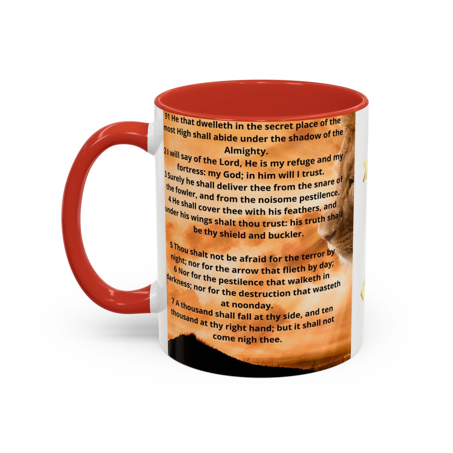 PSALM 91 Inspirational Lion Accent Coffee Mug | Motivational Gift, Scripture Mug, Unique Home Decor, Faith-Based Coffee Cup, Lion Design