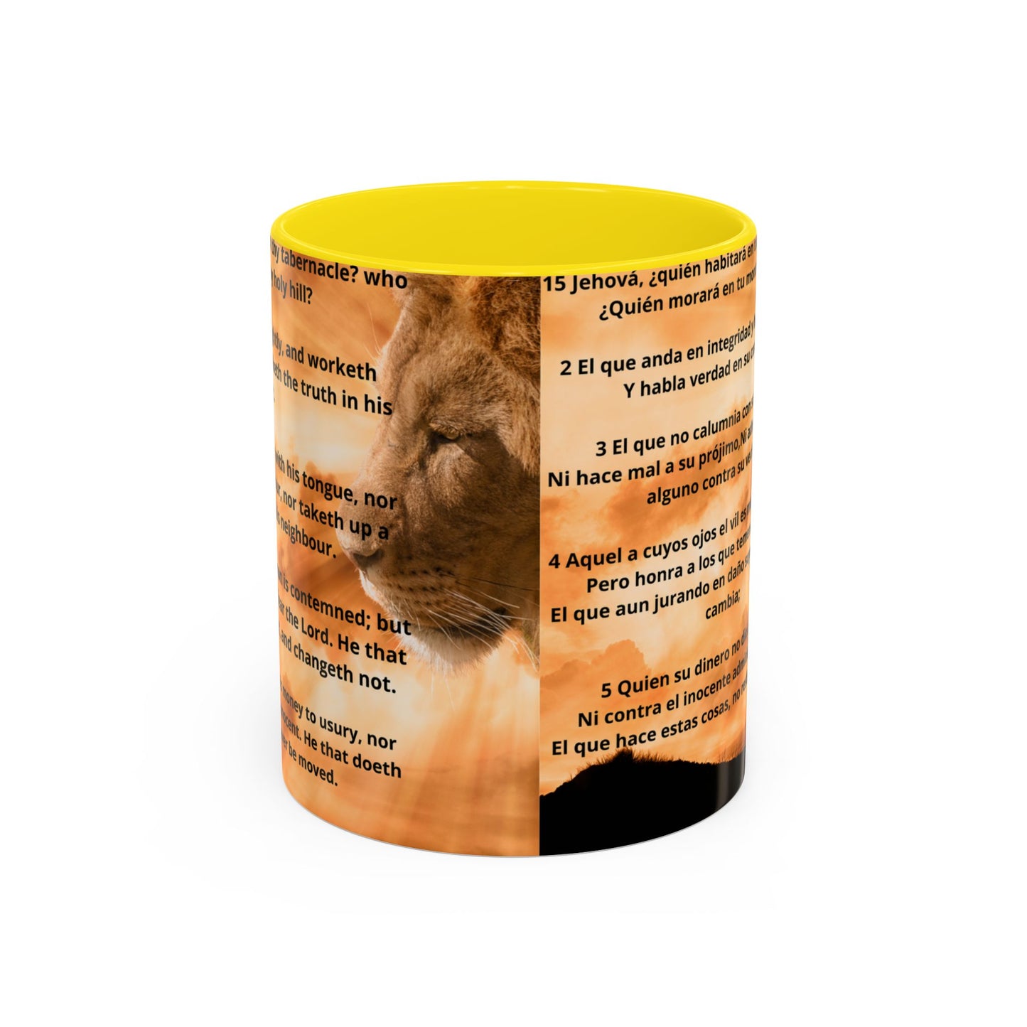 PSALM 15 ENG / SPA Inspirational Lion Accent Coffee Mug | Faith Mug, Motivational Gift, Nature Lover's Cup, Home Decor, Office Drinkware