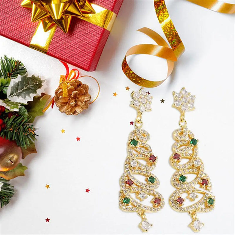 New Full Inlaid Colorful Zircon Christmas Tree Tassel Earrings Women's