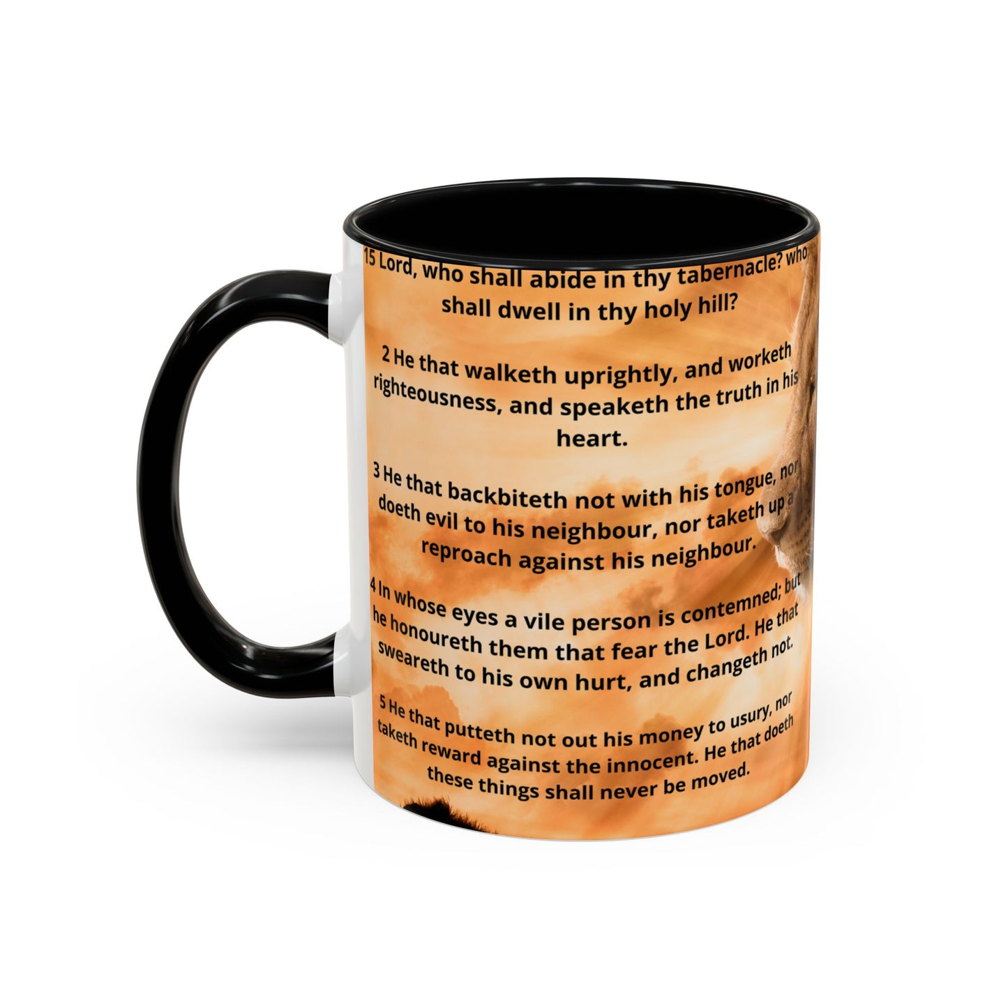 PSALM 15 ENG / SPA Inspirational Lion Accent Coffee Mug | Faith Mug, Motivational Gift, Nature Lover's Cup, Home Decor, Office Drinkware