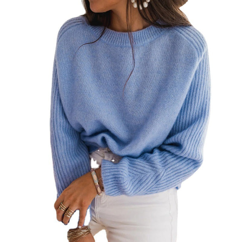 European Milk Blue Bedford Cord Sweater Women's Round-collar