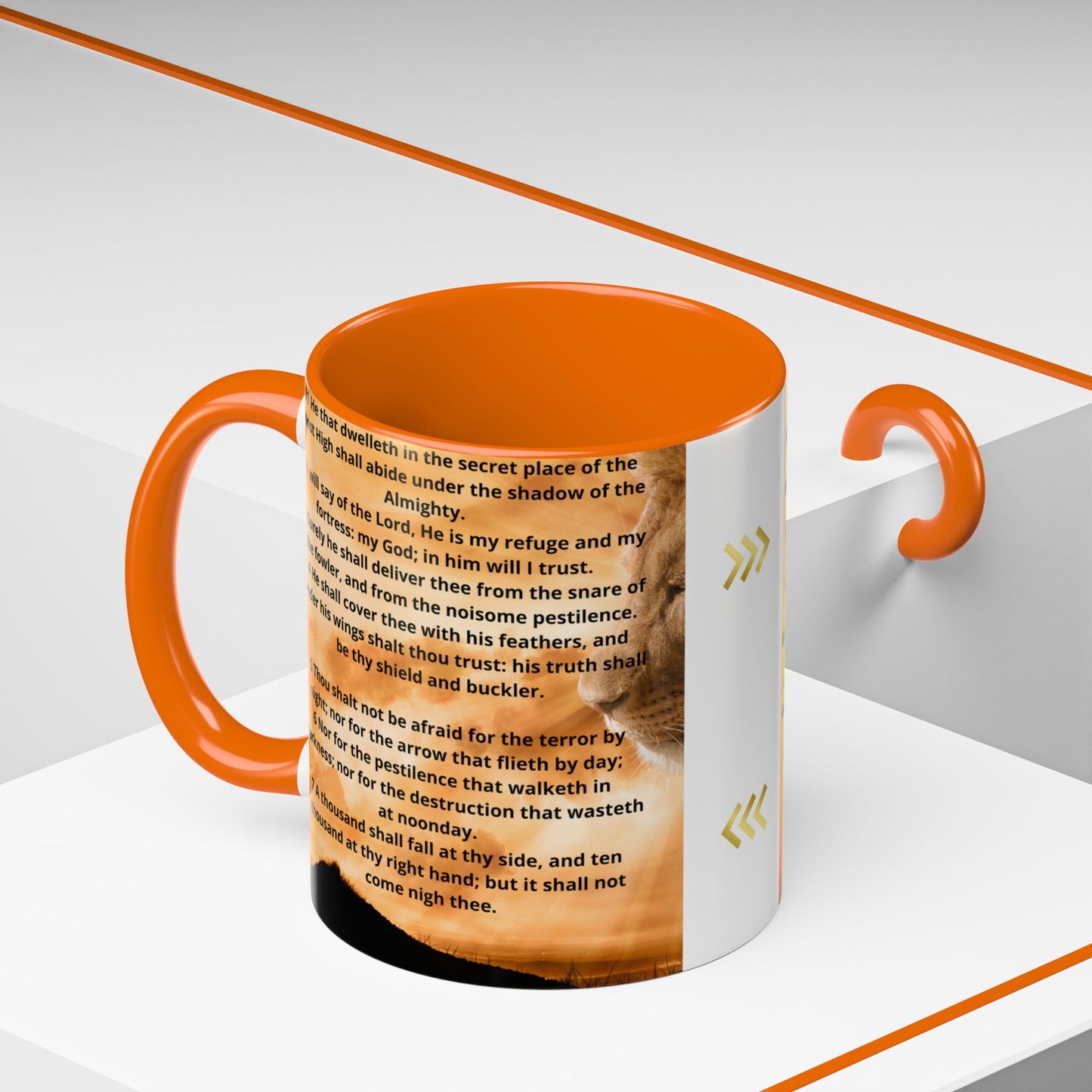 PSALM 91 Inspirational Lion Accent Coffee Mug | Motivational Gift, Scripture Mug, Unique Home Decor, Faith-Based Coffee Cup, Lion Design