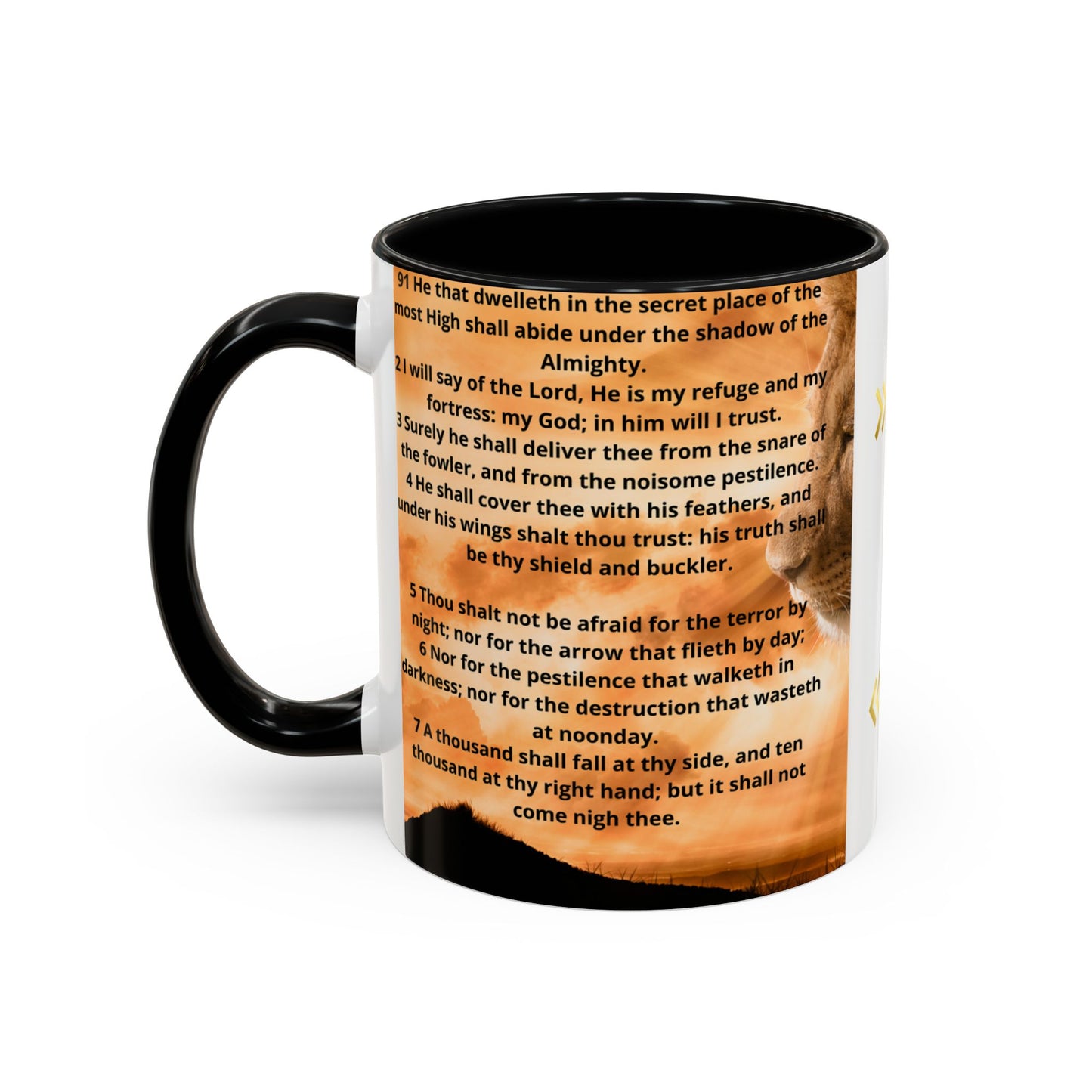 PSALM 91 Inspirational Lion Accent Coffee Mug | Motivational Gift, Scripture Mug, Unique Home Decor, Faith-Based Coffee Cup, Lion Design