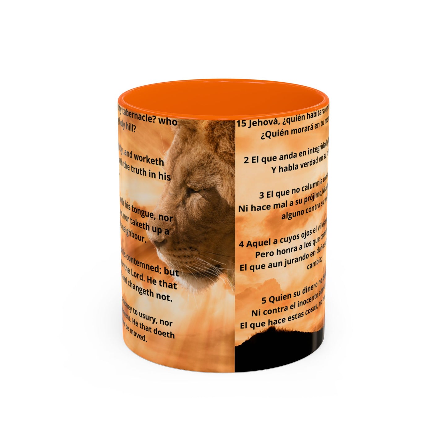PSALM 15 ENG / SPA Inspirational Lion Accent Coffee Mug | Faith Mug, Motivational Gift, Nature Lover's Cup, Home Decor, Office Drinkware