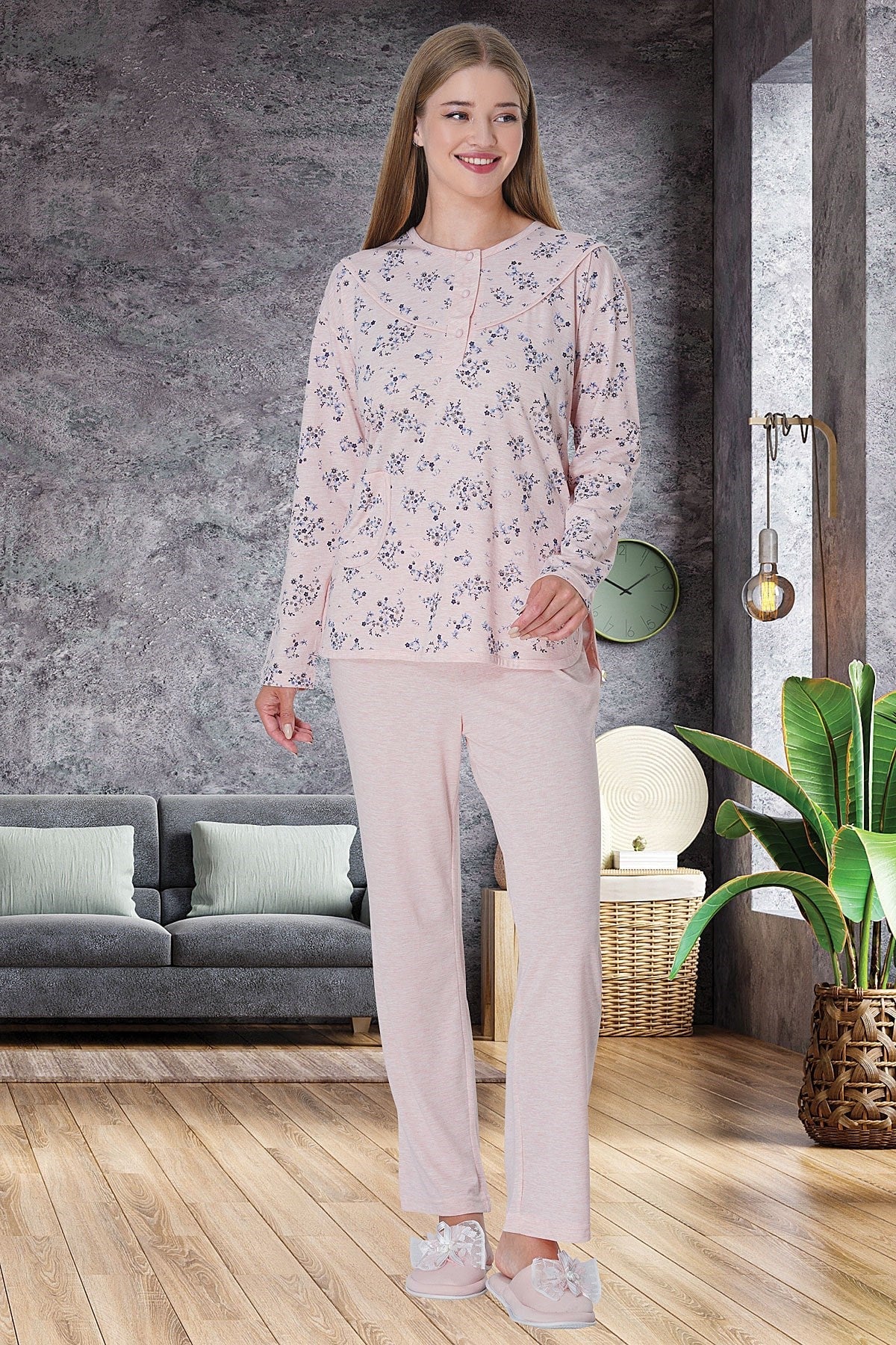 Flowery Plus Size Maternity & Nursing Pajamas Pink
