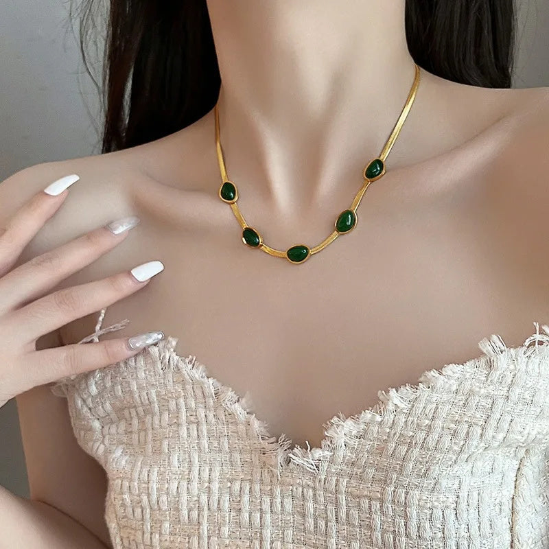 Fashion Jewelry Green Stone Crytal Snake Chain Multilayer Necklace For