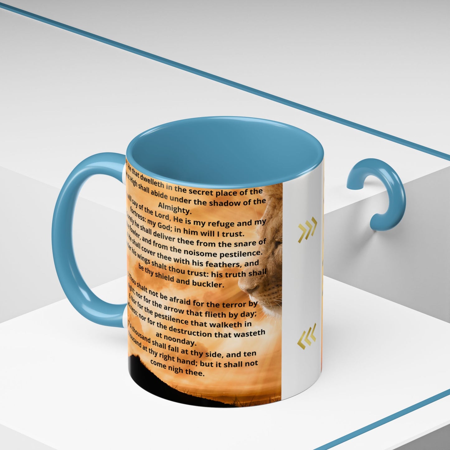 PSALM 91 Inspirational Lion Accent Coffee Mug | Motivational Gift, Scripture Mug, Unique Home Decor, Faith-Based Coffee Cup, Lion Design
