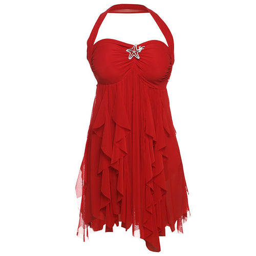 Ins Halter Neck Backless Dress Summer Sexy Printed Irregular Mesh