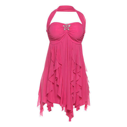 Ins Halter Neck Backless Dress Summer Sexy Printed Irregular Mesh