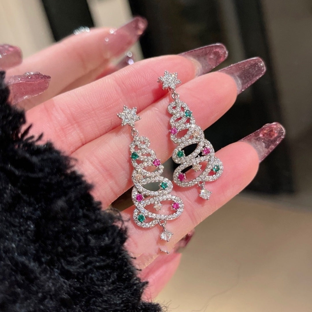 New Full Inlaid Colorful Zircon Christmas Tree Tassel Earrings Women's