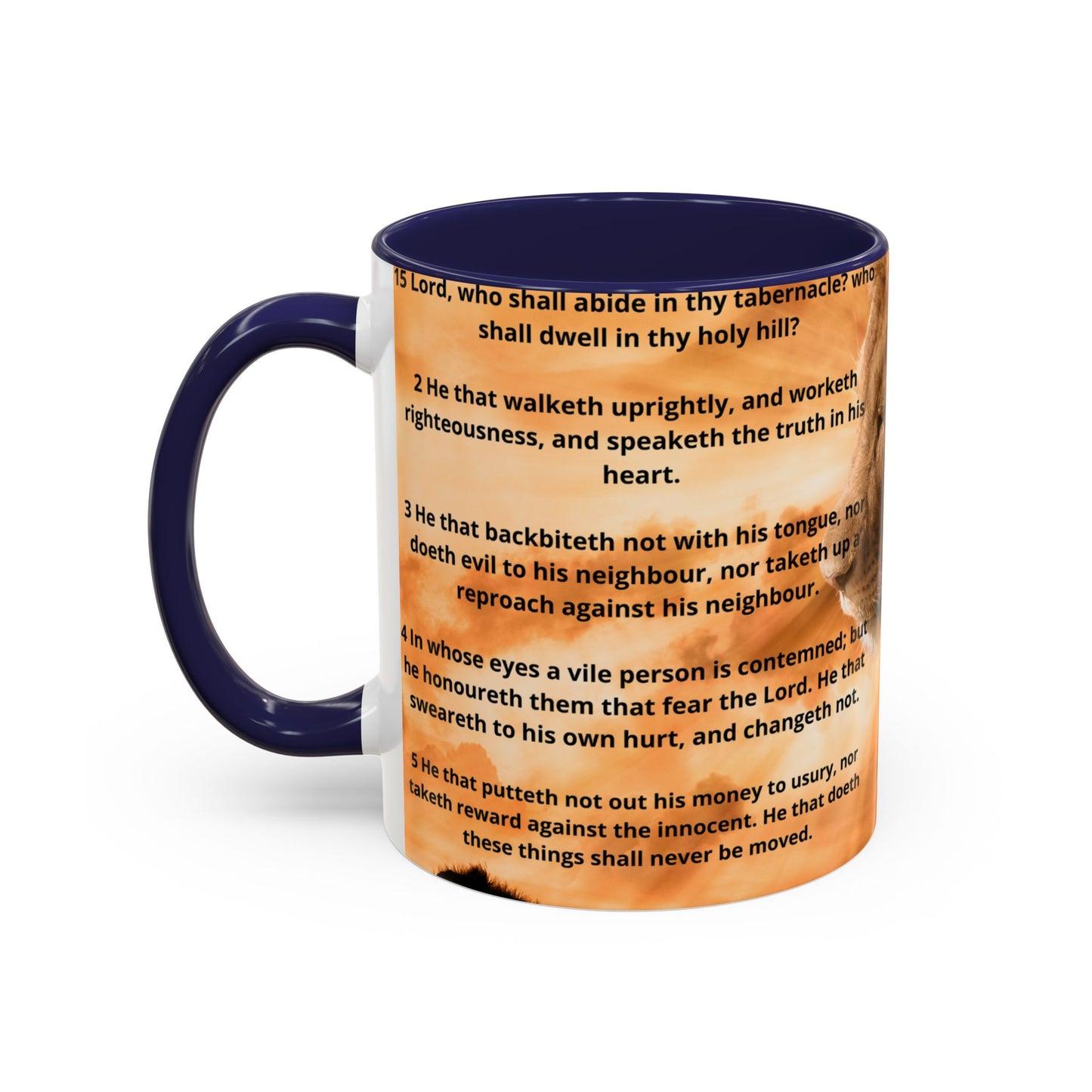PSALM 15 ENG / SPA Inspirational Lion Accent Coffee Mug | Faith Mug, Motivational Gift, Nature Lover's Cup, Home Decor, Office Drinkware