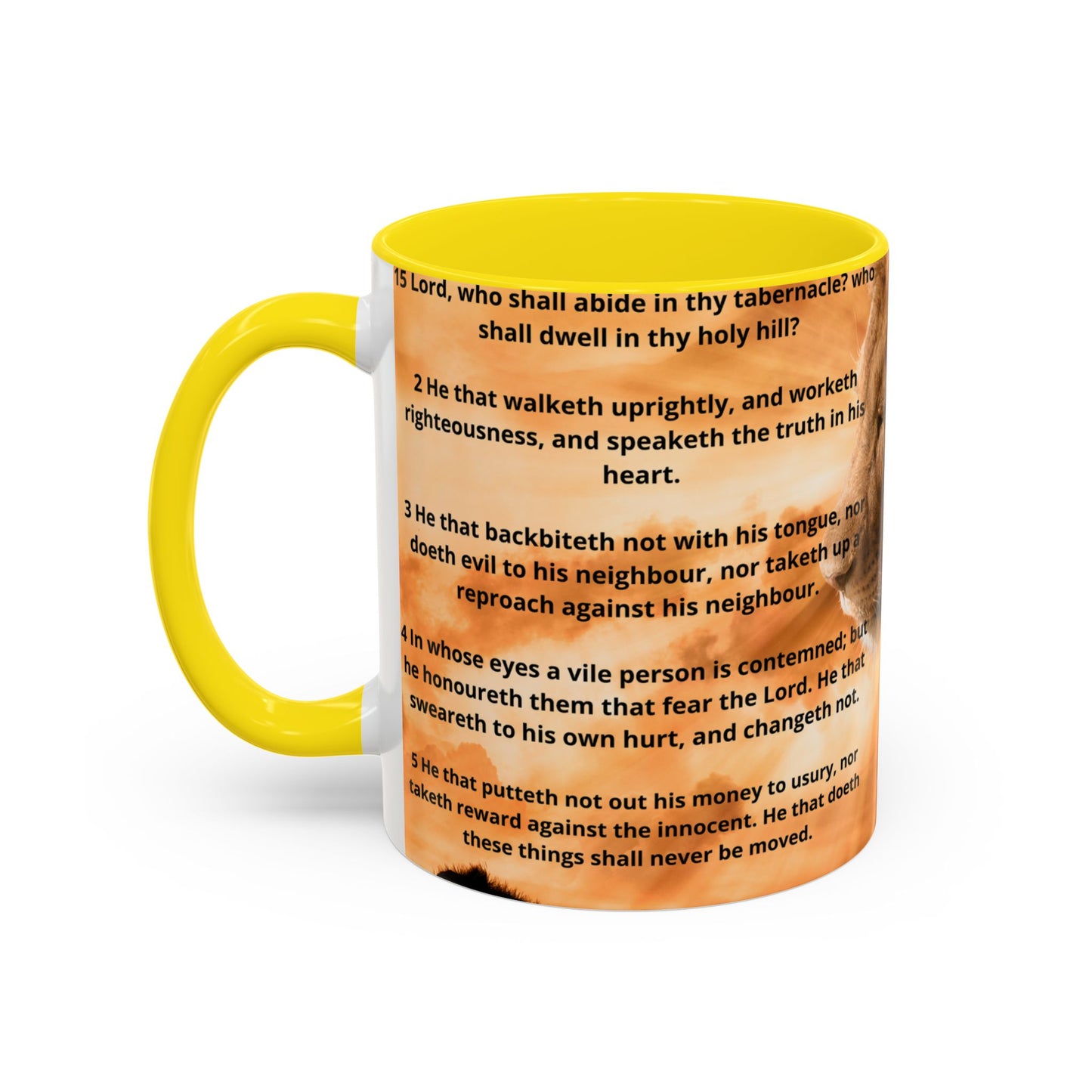 PSALM 15 ENG / SPA Inspirational Lion Accent Coffee Mug | Faith Mug, Motivational Gift, Nature Lover's Cup, Home Decor, Office Drinkware