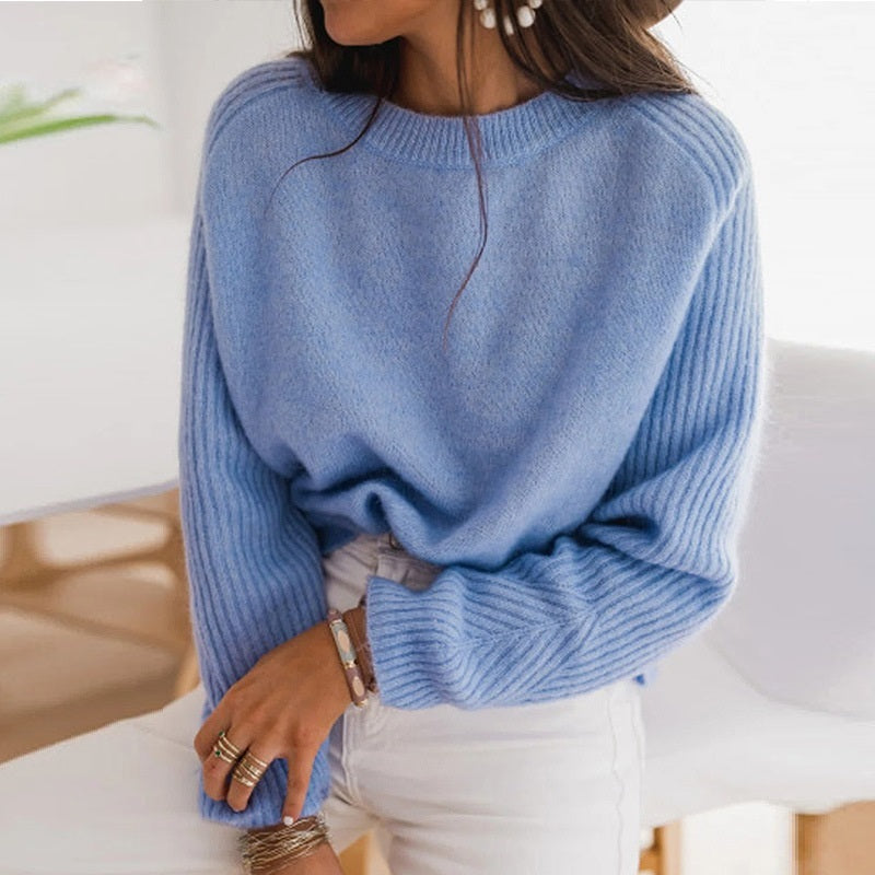 European Milk Blue Bedford Cord Sweater Women's Round-collar