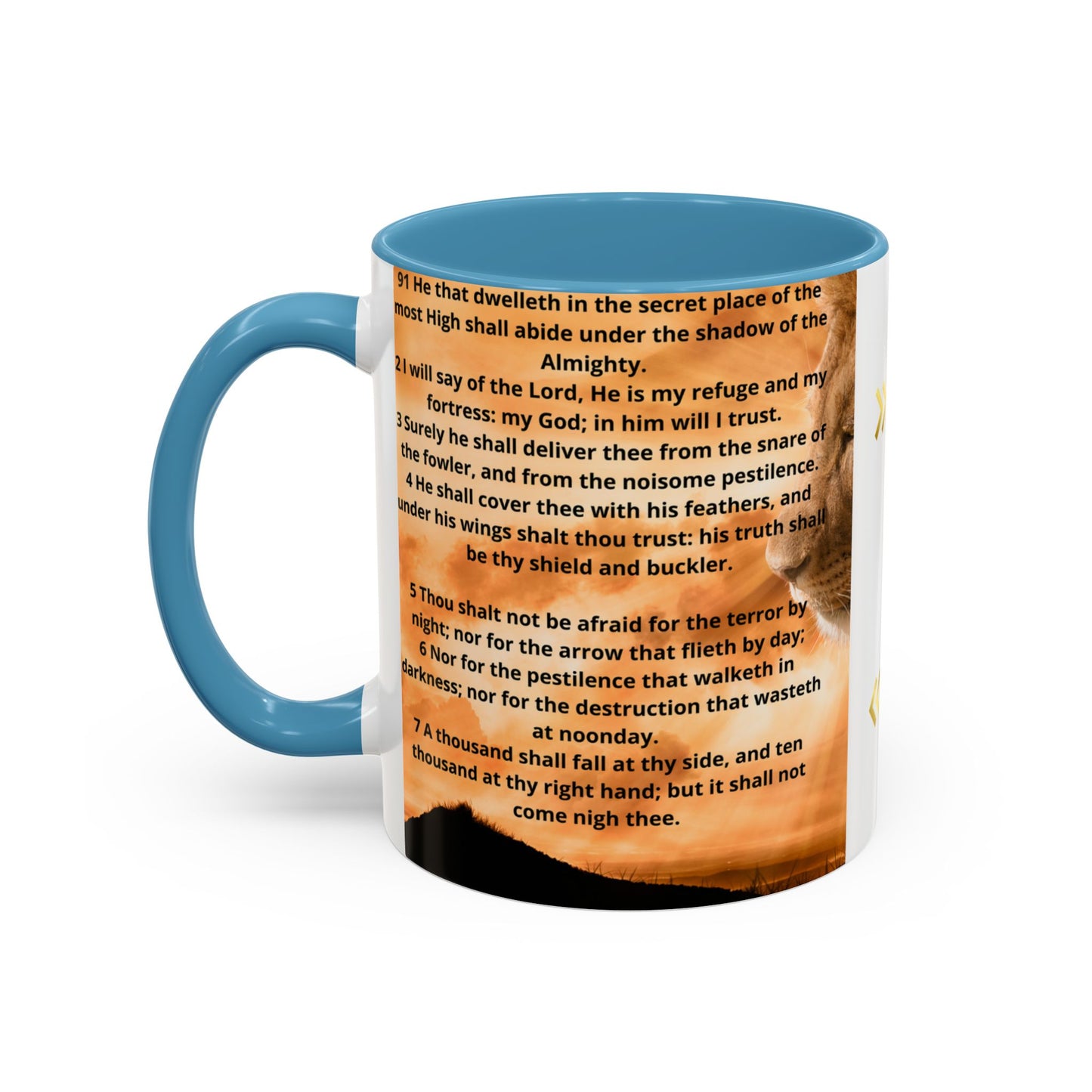 PSALM 91 Inspirational Lion Accent Coffee Mug | Motivational Gift, Scripture Mug, Unique Home Decor, Faith-Based Coffee Cup, Lion Design