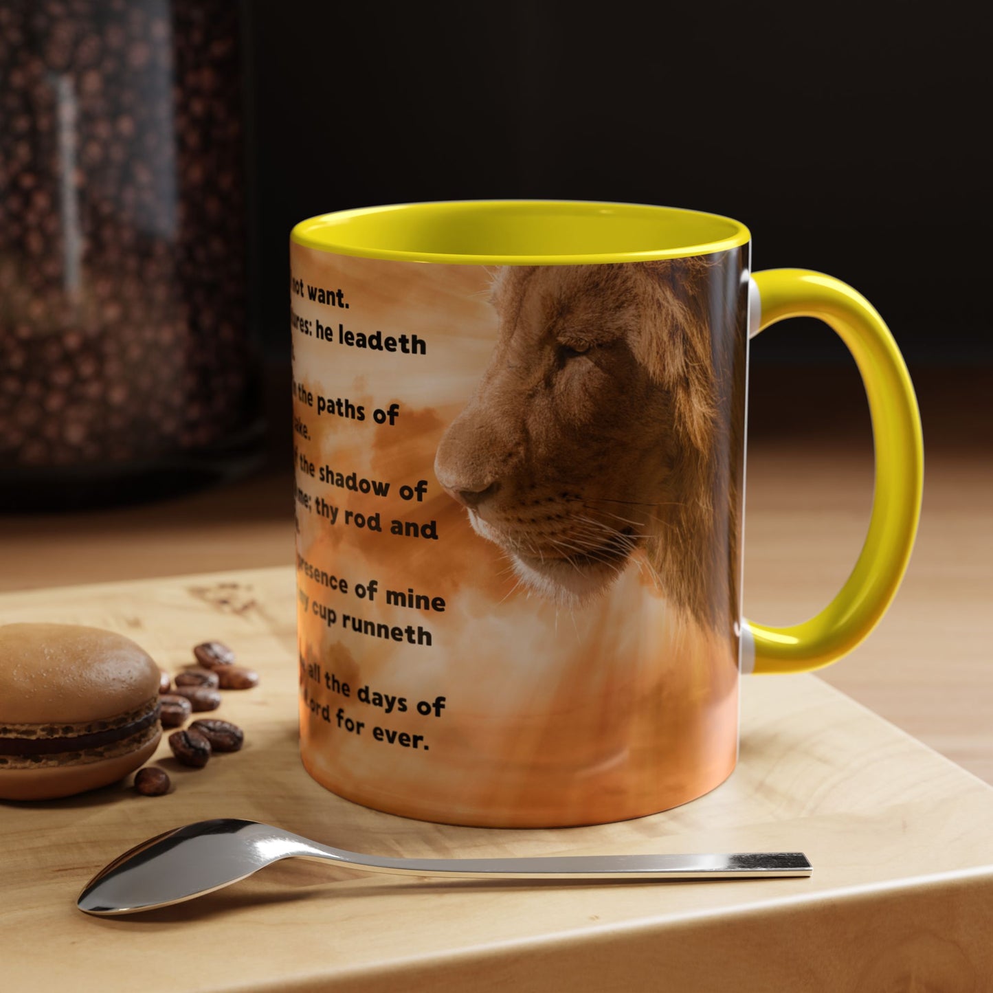 PSALM 23 Inspirational Coffee Mug with Lion Design, Spiritual Gift for Her, Housewarming Present, Faith-Based Kitchen Decor