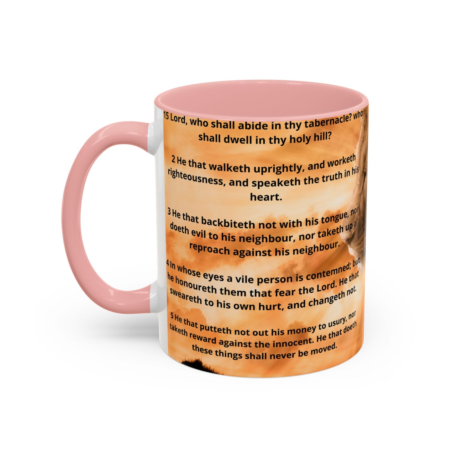 PSALM 15 ENG / SPA Inspirational Lion Accent Coffee Mug | Faith Mug, Motivational Gift, Nature Lover's Cup, Home Decor, Office Drinkware