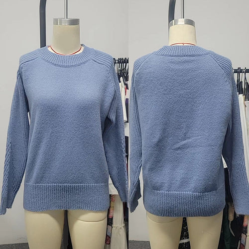 European Milk Blue Bedford Cord Sweater Women's Round-collar